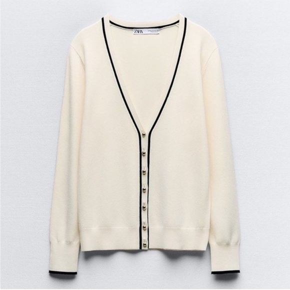 Zara Sweaters - Zara NWT ivory & black trim v neck button front sweater knit cardigan
